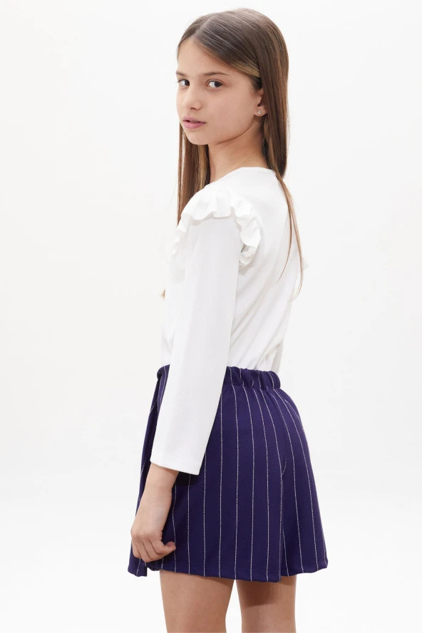 Lacivert Çizgili Şort Etekli Volanlı Badili Kız Çocuk Takım 18270 - 5