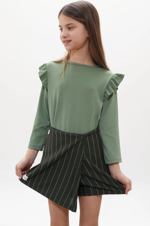 Haki Çizgili Şort Etekli Volanlı Badili Kız Çocuk Takım 18269 - 2