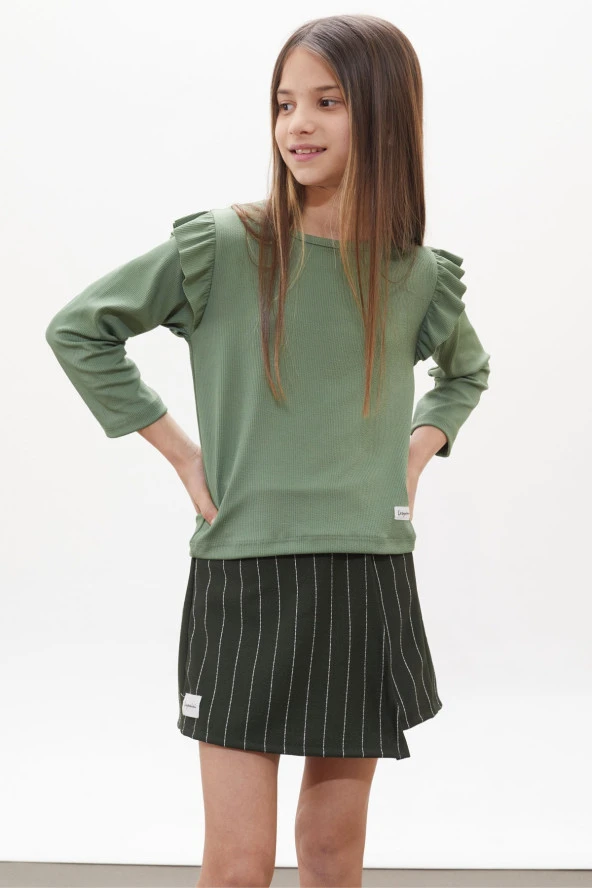 Haki Çizgili Şort Etekli Volanlı Badili Kız Çocuk Takım 18269 - 3