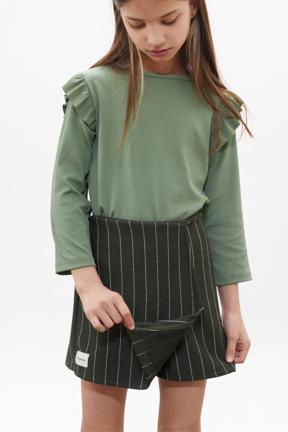 Haki Çizgili Şort Etekli Volanlı Badili Kız Çocuk Takım 18269 - 4