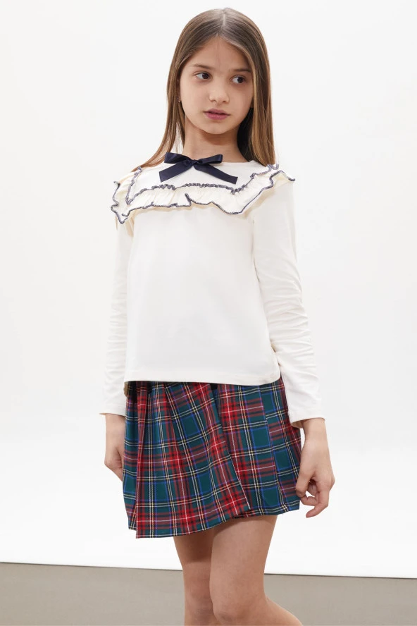 Yeşil Ekose Desenli Şort Etekli Fiyonklu Bluzlu Kız Çocuk Takım 18267 - 2