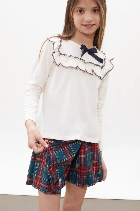 Yeşil Ekose Desenli Şort Etekli Fiyonklu Bluzlu Kız Çocuk Takım 18267 - 3