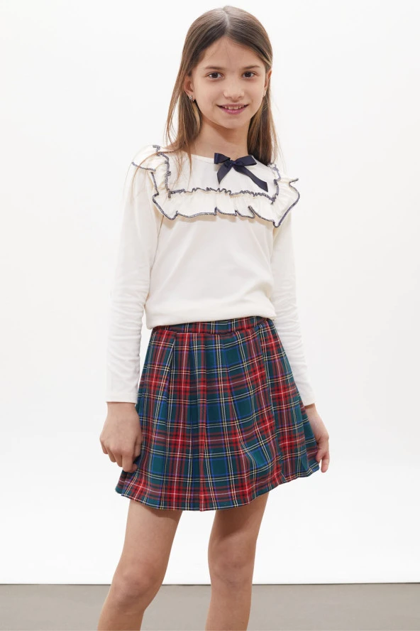 Yeşil Ekose Desenli Şort Etekli Fiyonklu Bluzlu Kız Çocuk Takım 18267 - 4