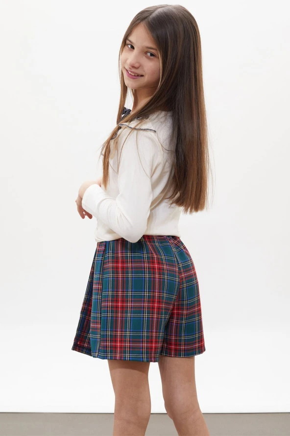 Yeşil Ekose Desenli Şort Etekli Fiyonklu Bluzlu Kız Çocuk Takım 18267 - 5