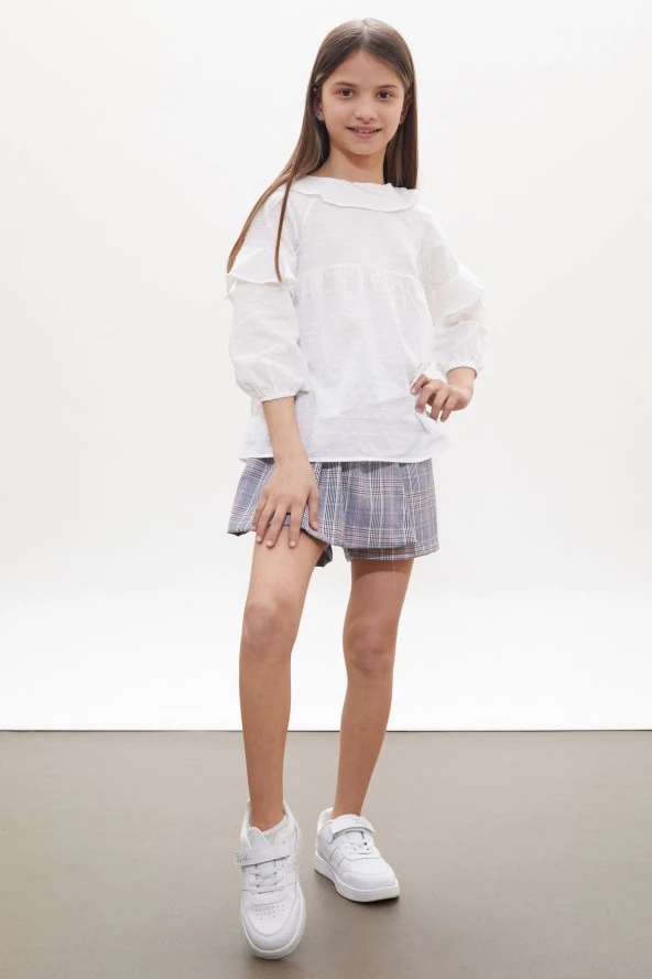 Lila Simli Ekose Desenli Şort Etekli Gömlekli Kız Takım 18260 - 2