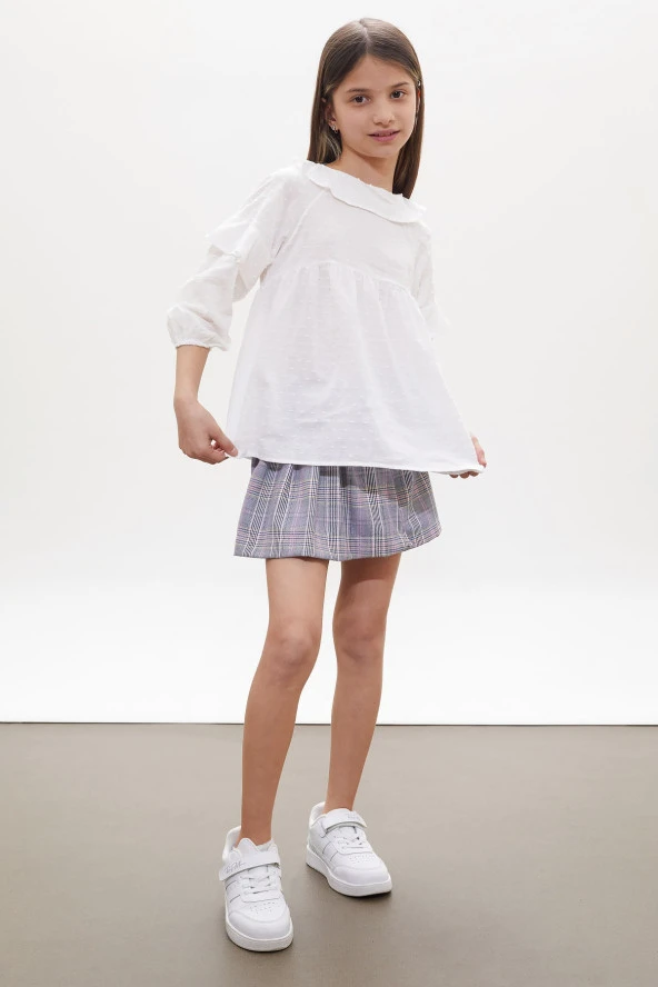 Lila Simli Ekose Desenli Şort Etekli Gömlekli Kız Takım 18260 - 4