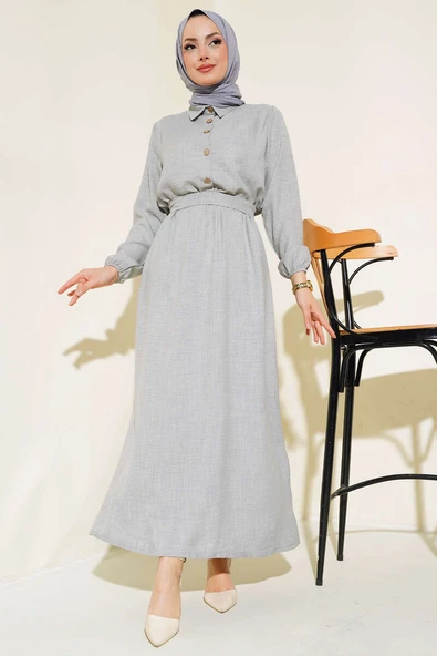 Beli Lastikli Kuşaklı Keten Elbise Gri ürün görseli 1