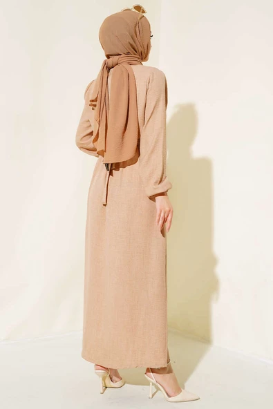 Beli Lastikli Kuşaklı Keten Elbise Latte - Resim 3