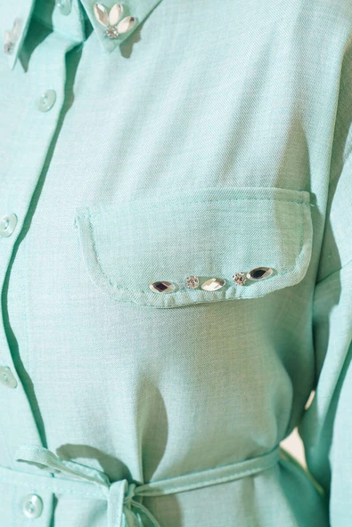 Cepleri Taş Detaylı Keten İkili Takım Mint - Resim 4