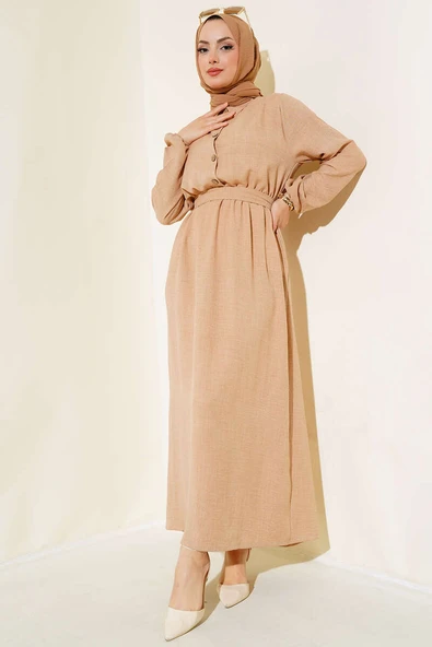 Beli Lastikli Kuşaklı Keten Elbise Latte ürün görseli 1