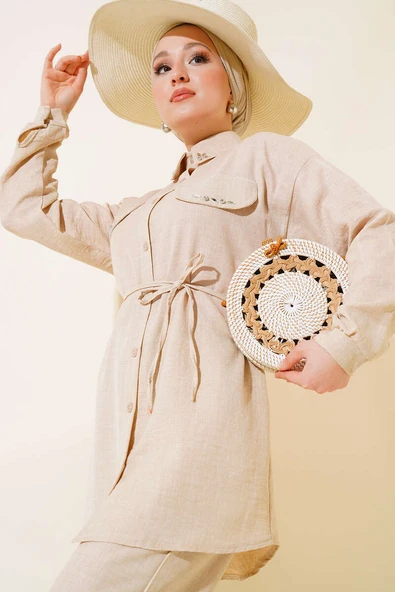 Cepleri Taş Detaylı Keten İkili Takım Bej ürün görseli 1