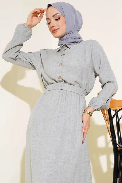 Beli Lastikli Kuşaklı Keten Elbise Gri - Resim 2