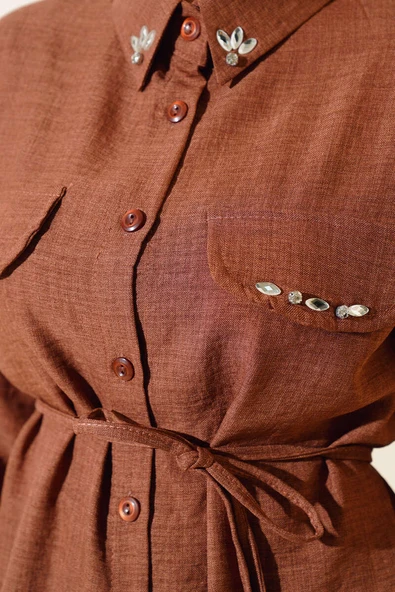 Cepleri Taş Detaylı Keten İkili Takım Kahve - Resim 4