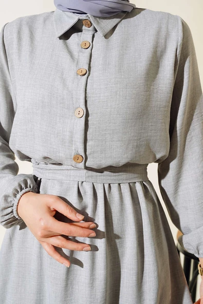 Beli Lastikli Kuşaklı Keten Elbise Gri - Resim 4