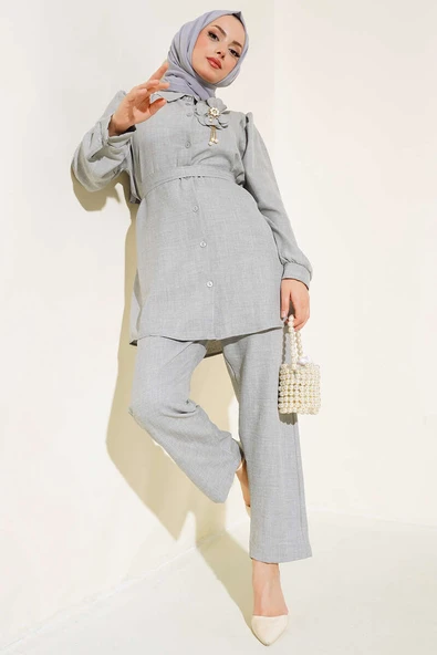 Bel Kuşaklı Keten İkili Takım Gri ürün görseli 1