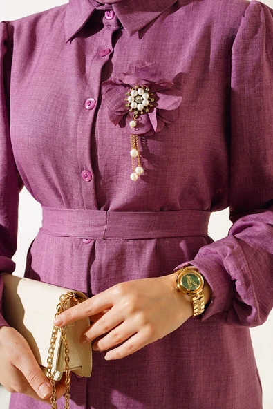 Bel Kuşaklı Keten İkili Takım Gül Kurusu - Resim 4