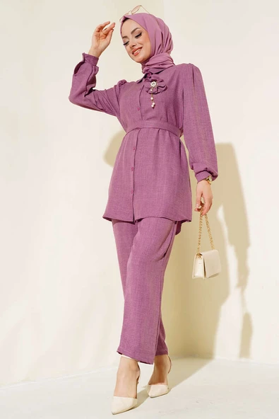 Bel Kuşaklı Keten İkili Takım Gül Kurusu ürün görseli 1