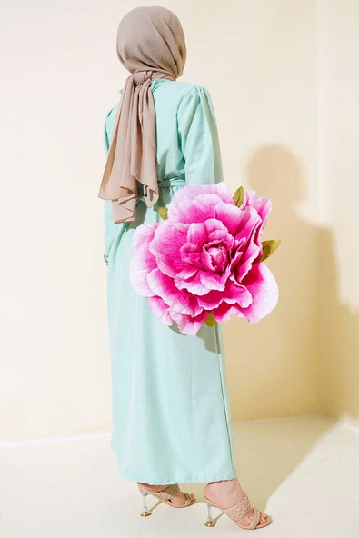 Kol Bilekleri Düğmeli Keten Elbise Mint - Resim 3