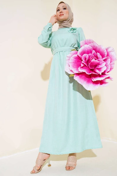 Kol Bilekleri Düğmeli Keten Elbise Mint ürün görseli 1