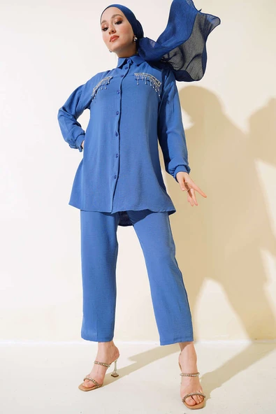 Cepleri Taş Detaylı Ayrobin Takım Mavi