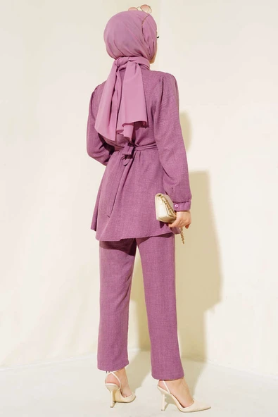 Bel Kuşaklı Keten İkili Takım Gül Kurusu - Resim 3