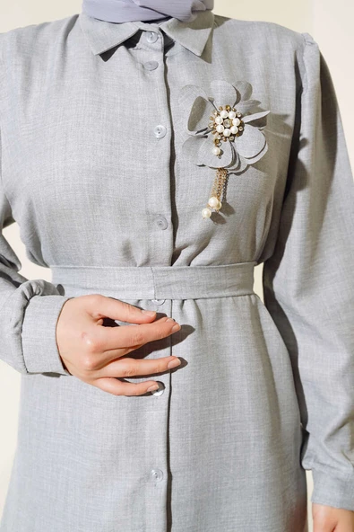 Bel Kuşaklı Keten İkili Takım Gri - Resim 4