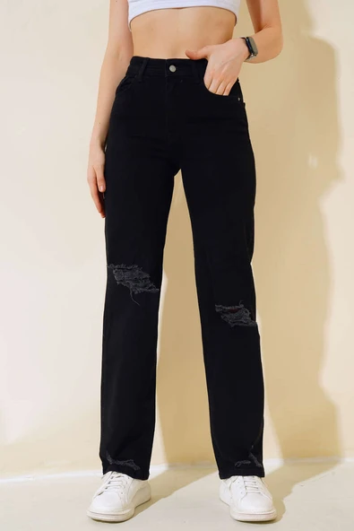 Diz Lazerli Kot Pantolon Siyah - Resim 2