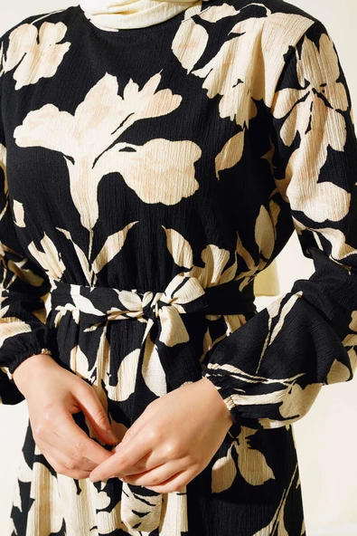 Çiçek Desenli Bürümcük Elbise Bej - Resim 4