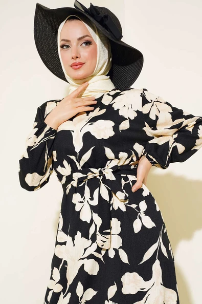 Çiçek Desenli Bürümcük Elbise Bej - Resim 2