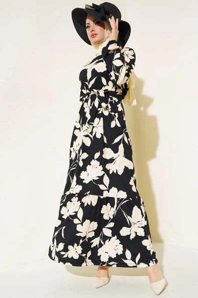 Çiçek Desenli Bürümcük Elbise Bej ürün görseli 1