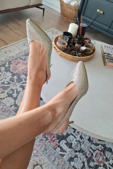 135 5340 Topukla Kadın Taşlı İnce Topuklu Stiletto Abiye Ayakkabı - 4