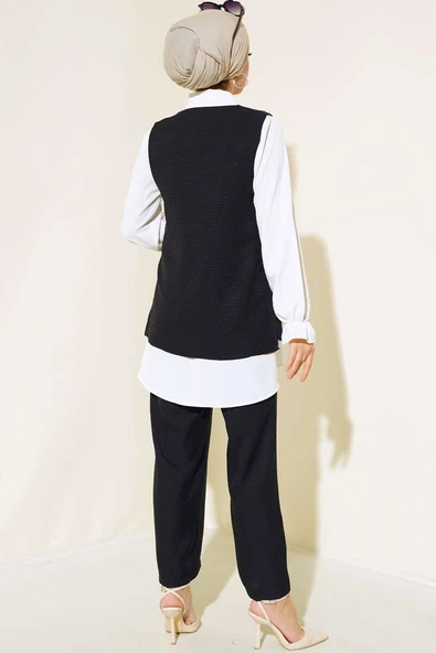 Süveter Taş Detaylı Üçlü Takım Siyah - Resim 3