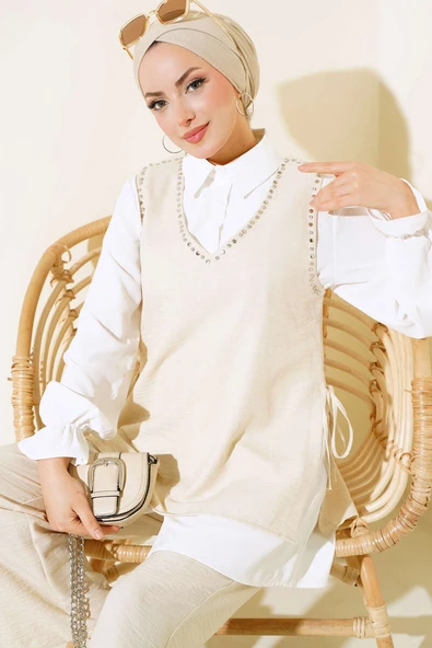 Süveter Taş Detaylı Üçlü Takım Bej - Resim 2