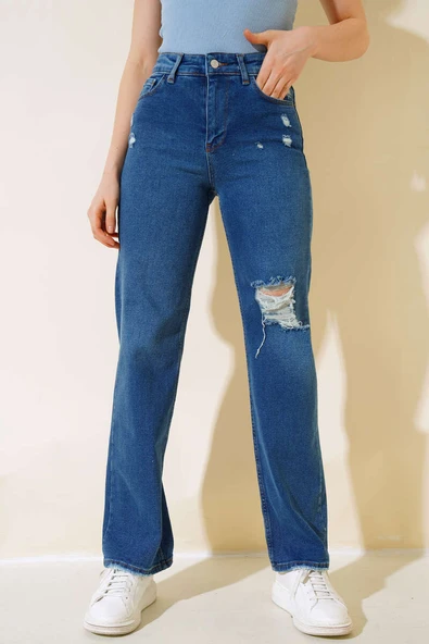 Palazzo Lazerli Kot Pantolon Mavi - Resim 2