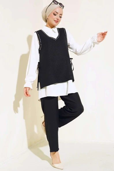 Süveter Taş Detaylı Üçlü Takım Siyah ürün görseli 1