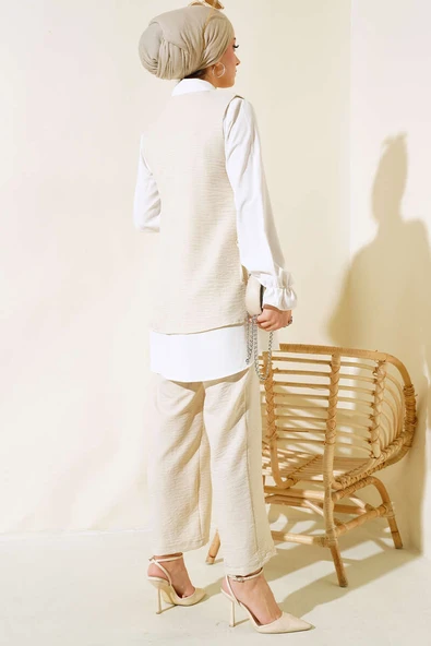 Süveter Taş Detaylı Üçlü Takım Bej - Resim 3