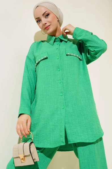 Cep Kapakları İnci Süslemeli Keten İkili Takım Benetton - Resim 2