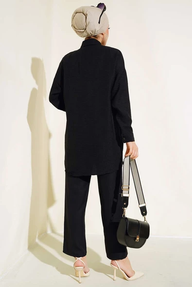 Cep Kapakları İnci Süslemeli Keten İkili Takım Siyah - Resim 3