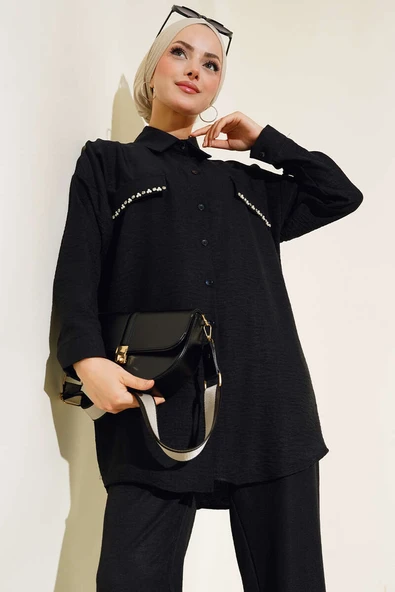 Cep Kapakları İnci Süslemeli Keten İkili Takım Siyah - Resim 2