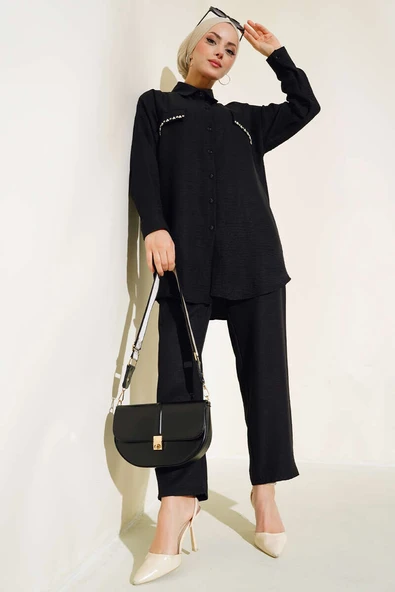 Cep Kapakları İnci Süslemeli Keten İkili Takım Siyah ürün görseli 1