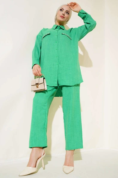 Cep Kapakları İnci Süslemeli Keten İkili Takım Benetton ürün görseli 1