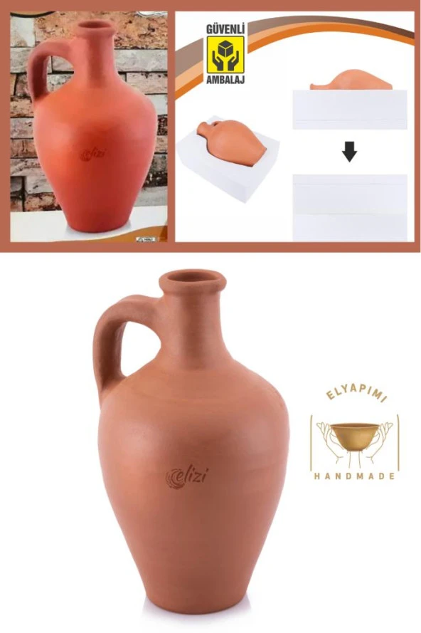 El Yapımı Terleyen Orta Boy Kulplu Sırsız Toprak Su Testisi 29 cm (Özel Kırılmaz Köpük Ambalajında) ürün görseli 1