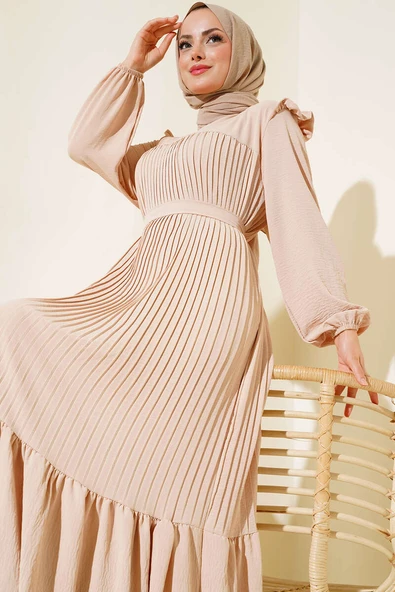 Kuşaklı Pliseli Prenses Elbise Taş - 2