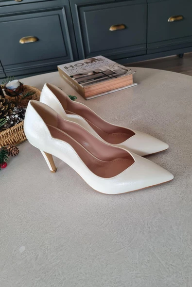 34IZ 41 Topukla Kadın Topuk Stiletto Ekru Abiye Ayakkabı - 4