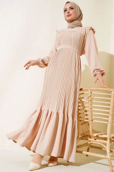 Kuşaklı Pliseli Prenses Elbise Taş