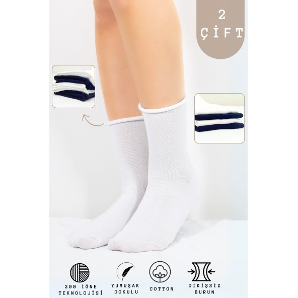 Coton Dikişsiz Lastiksiz Roll-top Yazlık Sıkmayan 2 'li Paket Uzun Kadın Çorap Seti - 4