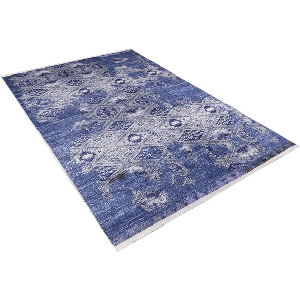 Klasik Mavi Salon&Oturma Odası Yolluk&Yatak Odası Dijital Baskılı Makinede Yıkanabilir Kaymaz Taban Saçaklı Halı HK064 - Resim 4