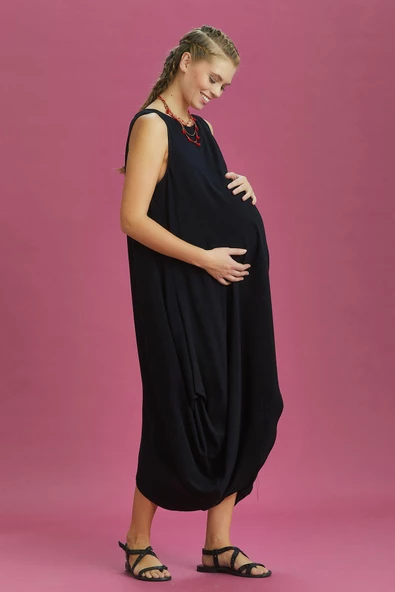 Diyagonal Kesim Ön Katlı Siyah Bol Şık Hamile Elbise ürün görseli 1