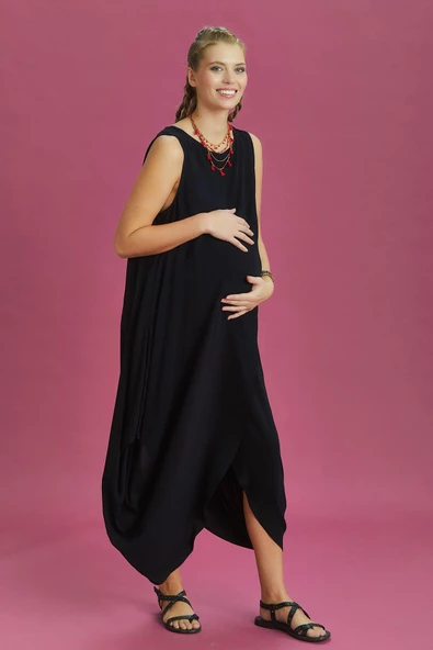 Diyagonal Kesim Ön Katlı Siyah Bol Şık Hamile Elbise - Resim 3