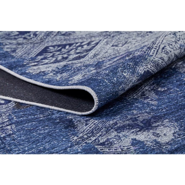 Klasik Mavi Salon&Oturma Odası Yolluk&Yatak Odası Dijital Baskılı Makinede Yıkanabilir Kaymaz Taban Saçaklı Halı HK064 - Resim 3